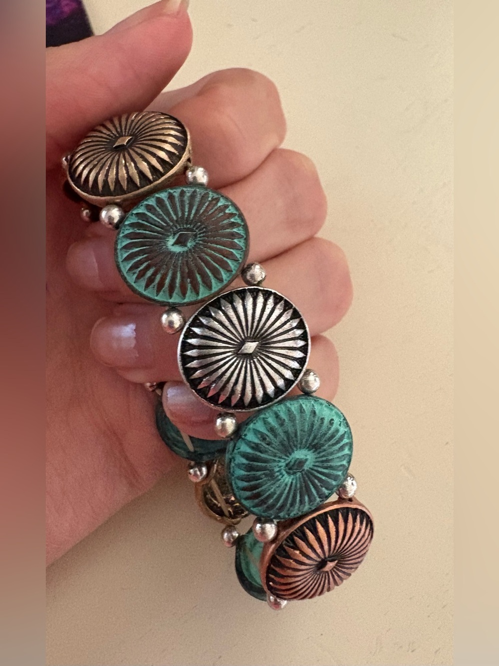 Vintage Multi-Disc Metal Stretch Bracelet in Turquoise, Copper & Silver